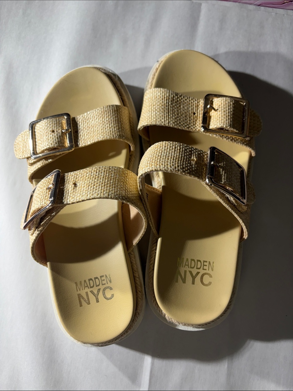 Madden NYC Women's tan raffea Cream Size 8 Double-Buckle Slide Sandals